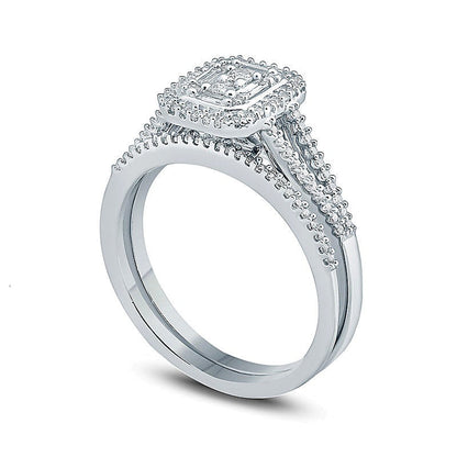 Braut-Set Verlobungsring mit Komposit-Diamanten im Rechteck-Rahmen 0,38 ct. Gesamtgewicht in 10K Weißgold