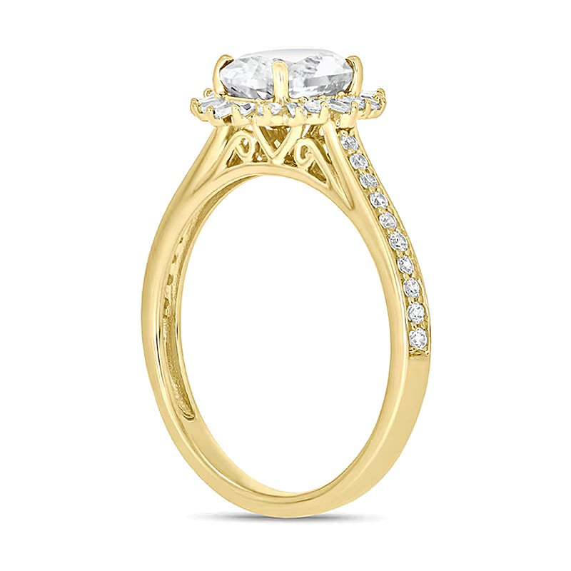 Verlobungsring mit ovalem weißem Labor-Saphir und 0,33 ct. Gesamtgewicht Diamanten im Halo-Design in 10K Gelbgold