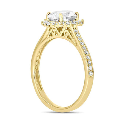 Verlobungsring mit ovalem weißem Labor-Saphir und 0,33 ct. Gesamtgewicht Diamanten im Halo-Design in 10K Gelbgold