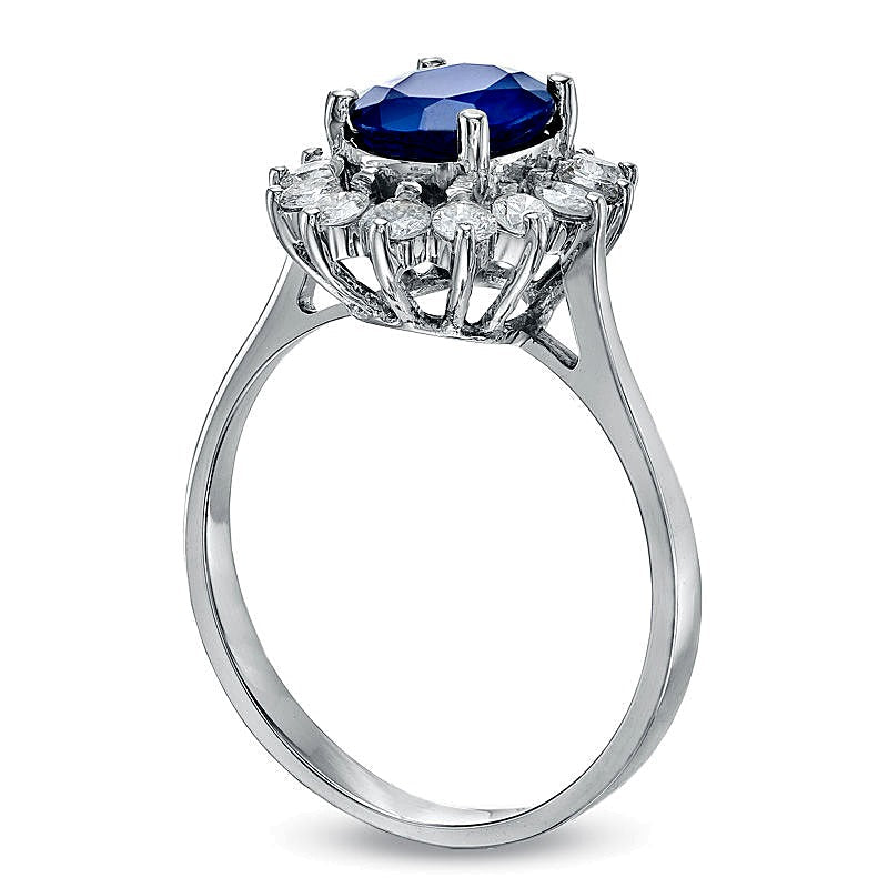 Verlobungsring mit ovalem blauem Saphir und 0,38 ct. Gesamtgewicht Diamanten im Halo in 14K Weißgold