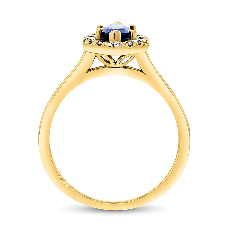 Halo-Ring mit blauem Saphir im Marquise-Schliff und 0,25 ct. Gesamtgewicht Diamanten in 14K Gelbgold
