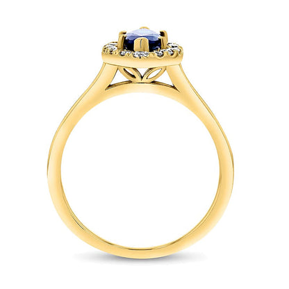 Halo-Ring mit blauem Saphir im Marquise-Schliff und 0,25 ct. Gesamtgewicht Diamanten in 14K Gelbgold