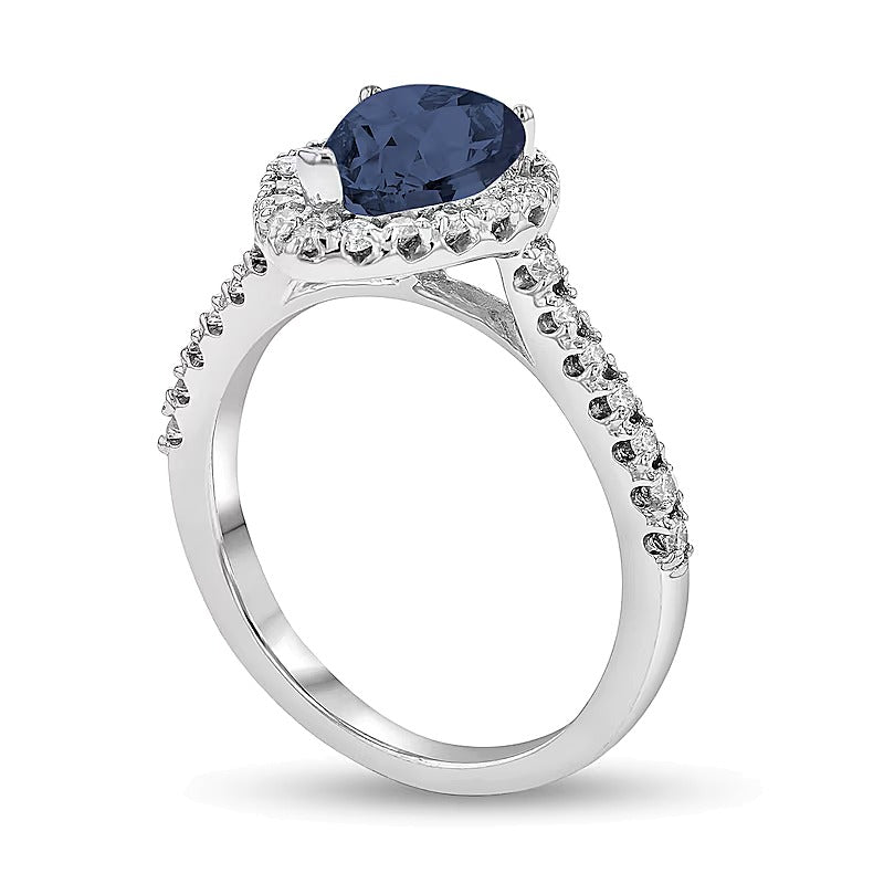 Fashion-Ring mit tropfenförmigem blauem Saphir und 0,38 ct. Gesamtgewicht Diamanten in 14K Weißgold