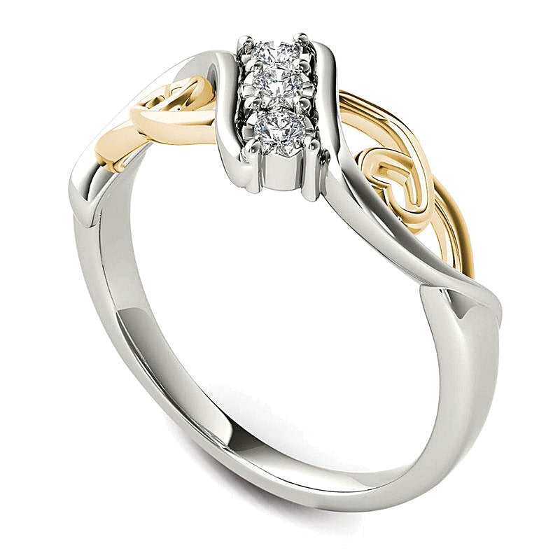0.1 ct. Gesamtgewicht Diamant Dreistein Bypass-Ring mit Herzen in 14K Weißgold und gelbem Rhodium