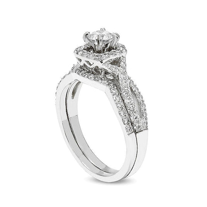 Braut-Set mit Diamanten in Rund und Kissenschliff, Kissen-Rahmen und gedrehter Schiene, Weißgold für Damen (1.0 ct. Gesamtgewicht, I/I2)
