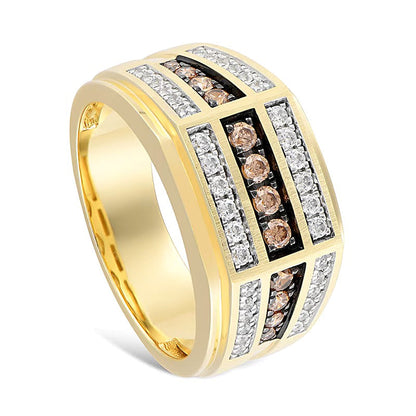 0.75 ct. Gesamtgewicht Champagner- und weißer Diamant Ring dreireihig gewinkelt in 10K Gelbgold