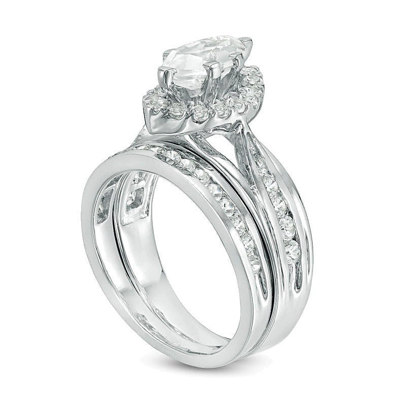 Braut-Set mit weißem Saphir im Marquise-Schliff und runden Labor-Saphiren in rhodiniertem Sterlingsilber