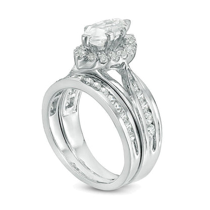 Braut-Set mit weißem Saphir im Marquise-Schliff und runden Labor-Saphiren in rhodiniertem Sterlingsilber
