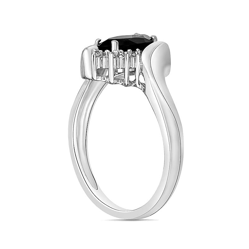 Bypass-Ring für Damen mit schwarzem Onyx im Marquise-Schliff und Diamant-Besatz in 10K Weißgold