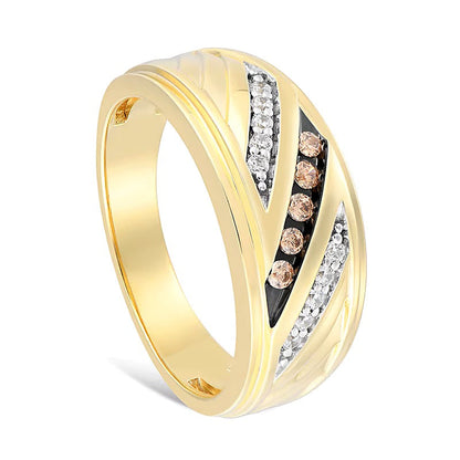 0.25 ct. Gesamtgewicht Champagner- und weißer Diamant Ring dreireihig schräg in 10K Gelbgold