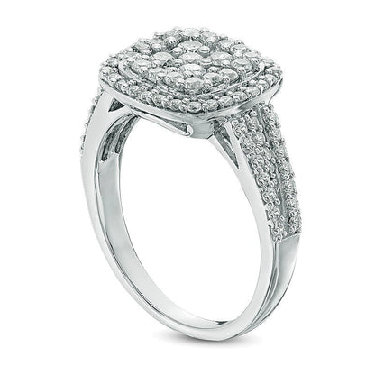 1.0 ct. Gesamtgewicht Multi-Diamant-Verlobungsring mit Kissenschliff-Rahmen in 10K Weißgold
