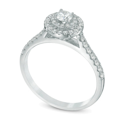 0.5 ct. Gesamtgewicht Diamant Halo-Verlobungsring mit doppeltem Rahmen in 10K Weißgold