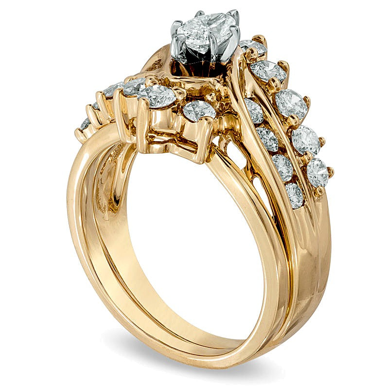 1,5 ct. Gesamtgewicht Diamant-Brautset mit Marquise- und rundem Schliff in 14K Gelbgold