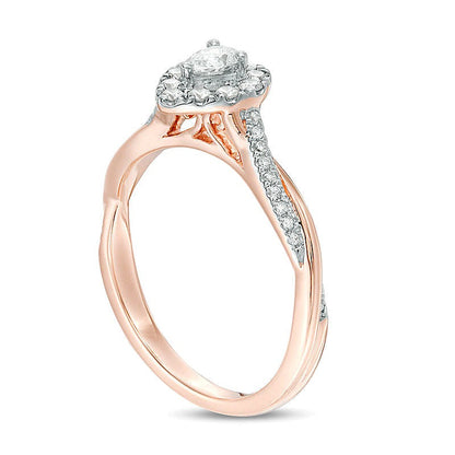 0.38 ct. Gesamtgewicht Verlobungsring Halo mit tropfenförmigem und rundem Diamant in 10K Roségold