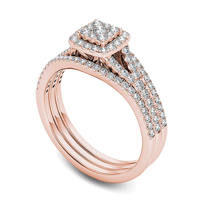 0.75 ct. Gesamtgewicht Komposit-Diamant Brautset mit Kissenschliff-Rahmen, dreiteilig, in 14K Roségold