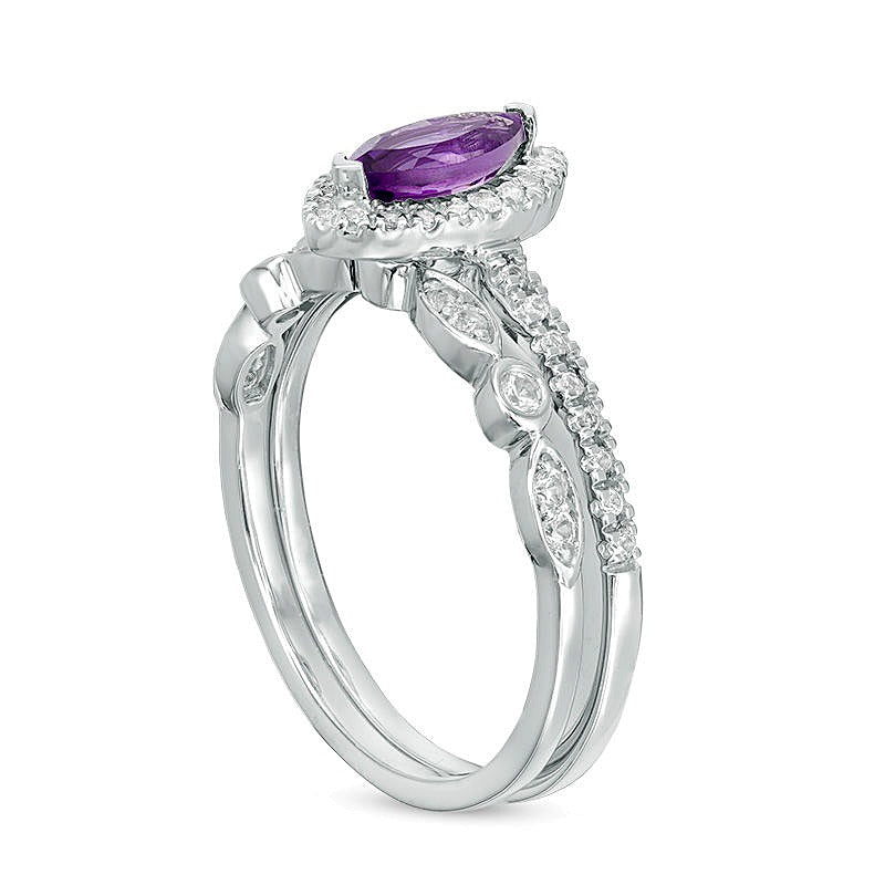 Braut-Set für Damen mit Amethyst im Marquise-Schliff und Labor-Saphiren im Vintage-Stil in 10K Weißgold