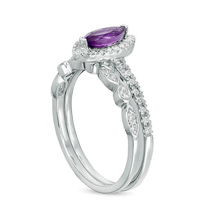 Braut-Set für Damen mit Amethyst im Marquise-Schliff und Labor-Saphiren im Vintage-Stil in 10K Weißgold
