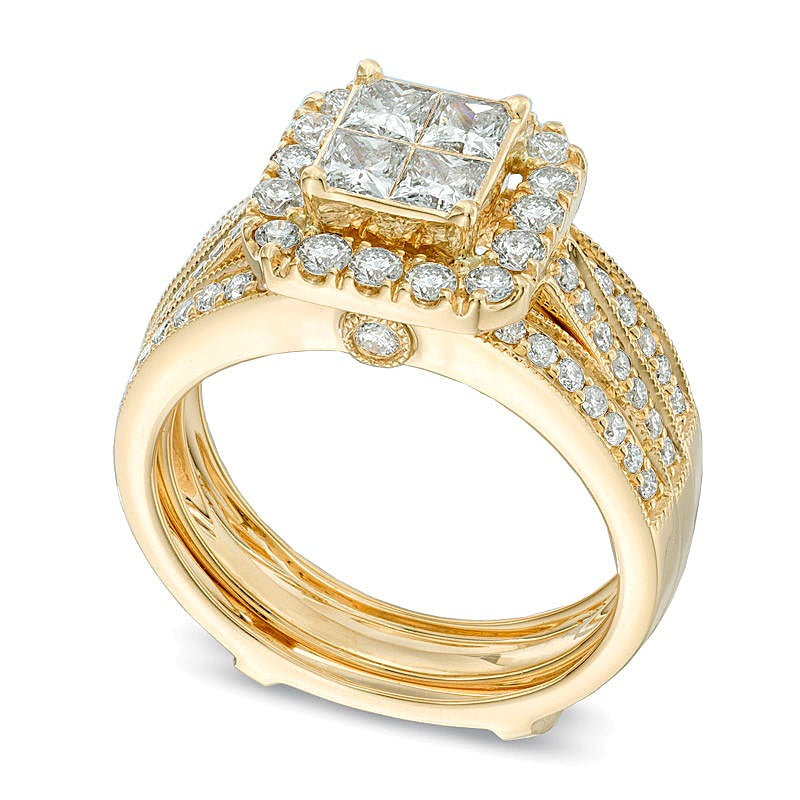 1,5 ct. Gesamtgewicht Braut-Set mit weißen Diamanten in Princess- und Rundschliff in 14K Gelbgold