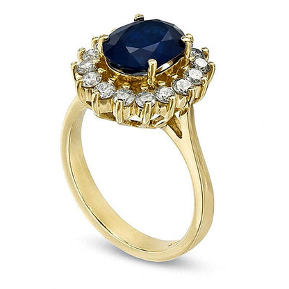 Halo-Ring mit ovalem blauem Saphir und Diamanten 0,63 ct. Gesamtgewicht in 14K Gelbgold