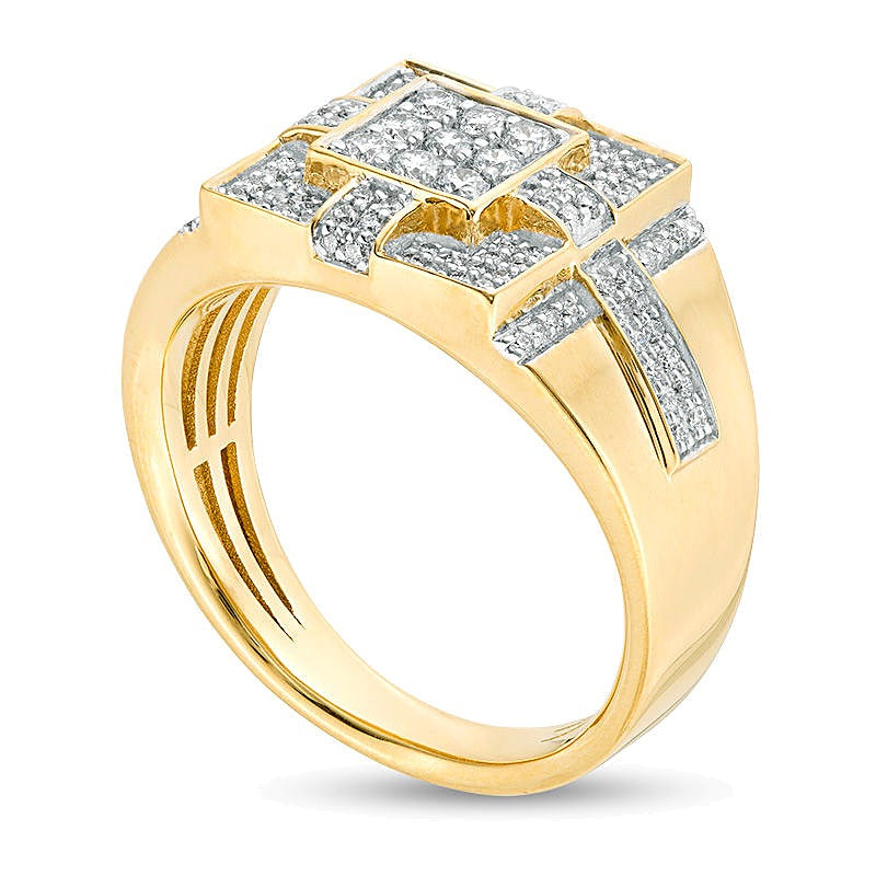0,75 ct. Gesamtgewicht Kreuz-Ring mit Komposit-Diamanten im Quadrat-Design aus 14K Gelbgold