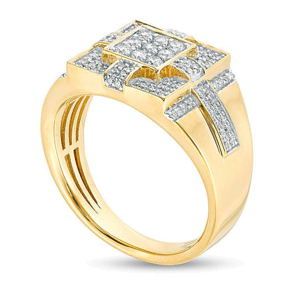 0,75 ct. Gesamtgewicht Kreuz-Ring mit Komposit-Diamanten im Quadrat-Design aus 14K Gelbgold
