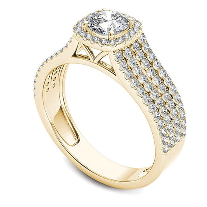 1.0 CT. TW Halo-Verlobungsring mit Diamanten, mehrreihig, in 14K Gelbgold