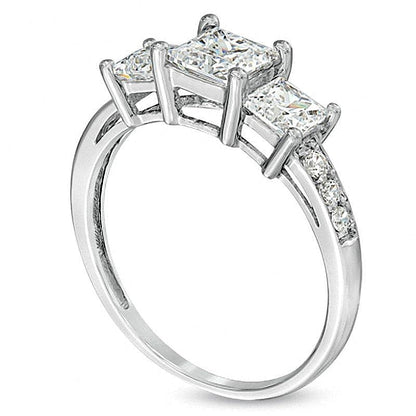Dreistein-Ring mit weißem Labor-Saphir im Princess-Schliff in 10K Weißgold