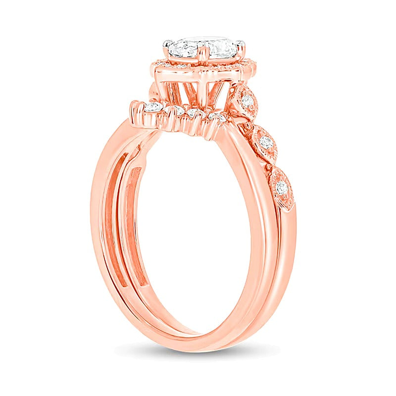 0,75 ct. Gesamtgewicht Diamant-Brautset im Vintage-Stil mit ovalem Diamanten in 14K Roségold (I/I2)
