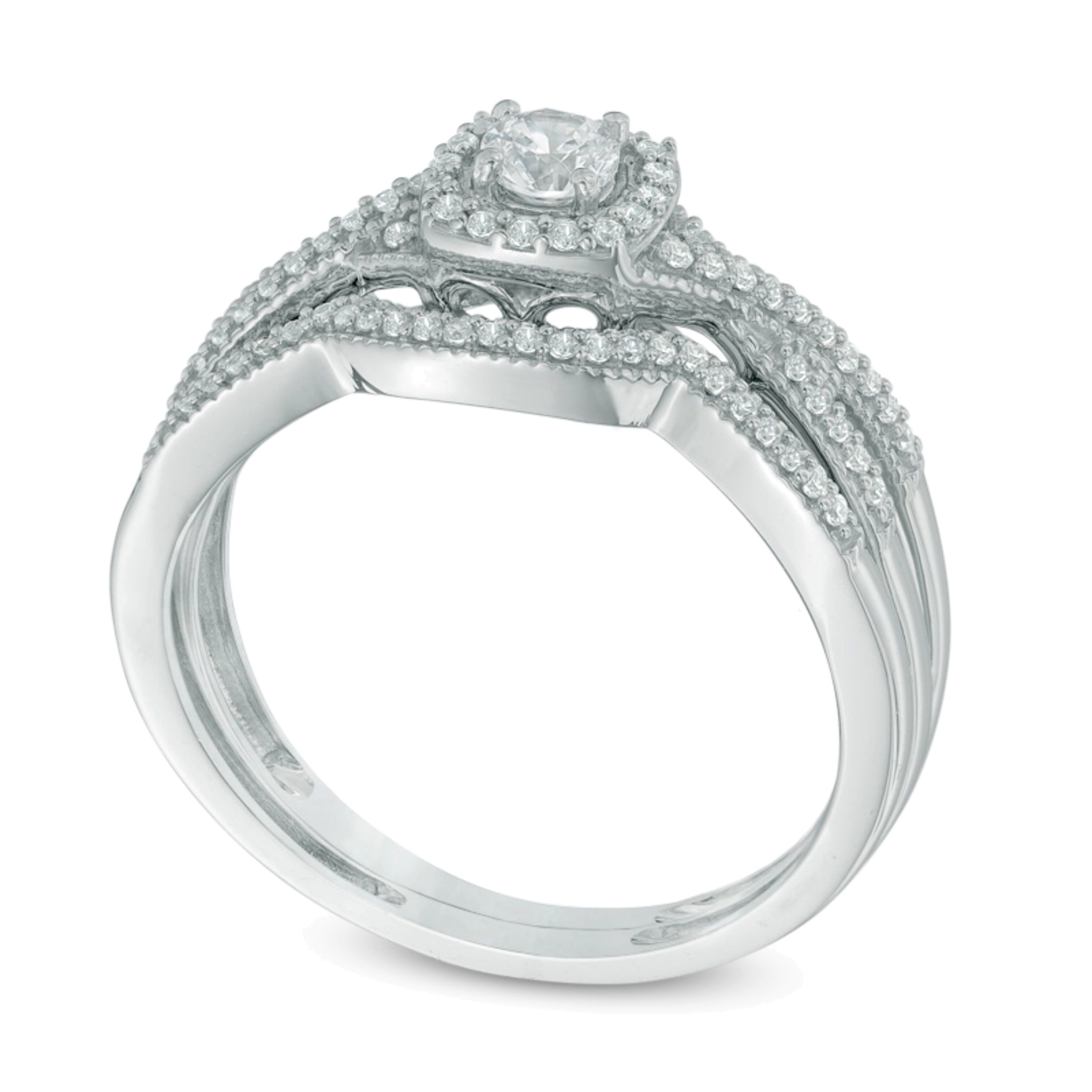 0,33 ct. Gesamtgewicht Diamant-Brautset mit Kissenschliff-Halo und gedrehter Ringschiene in 10K Weißgold