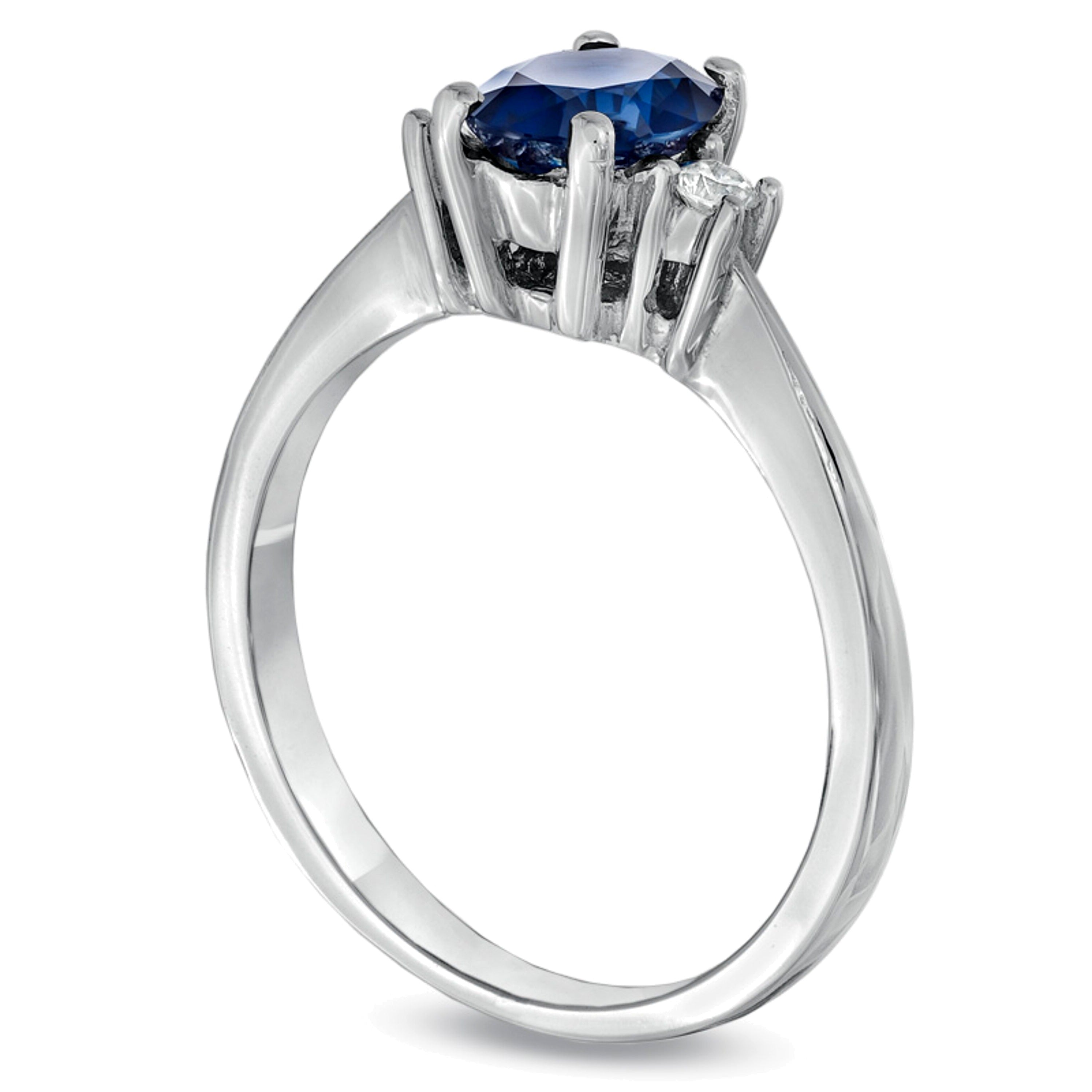 Dreistein-Verlobungsring mit ovalem blauem Saphir und Diamant-Besatz in 14K Weißgold