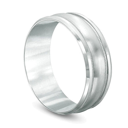8,0 mm Ehering mit satiniertem Zentrum, Milgrain und Komfortschliff in 14K Weißgold
