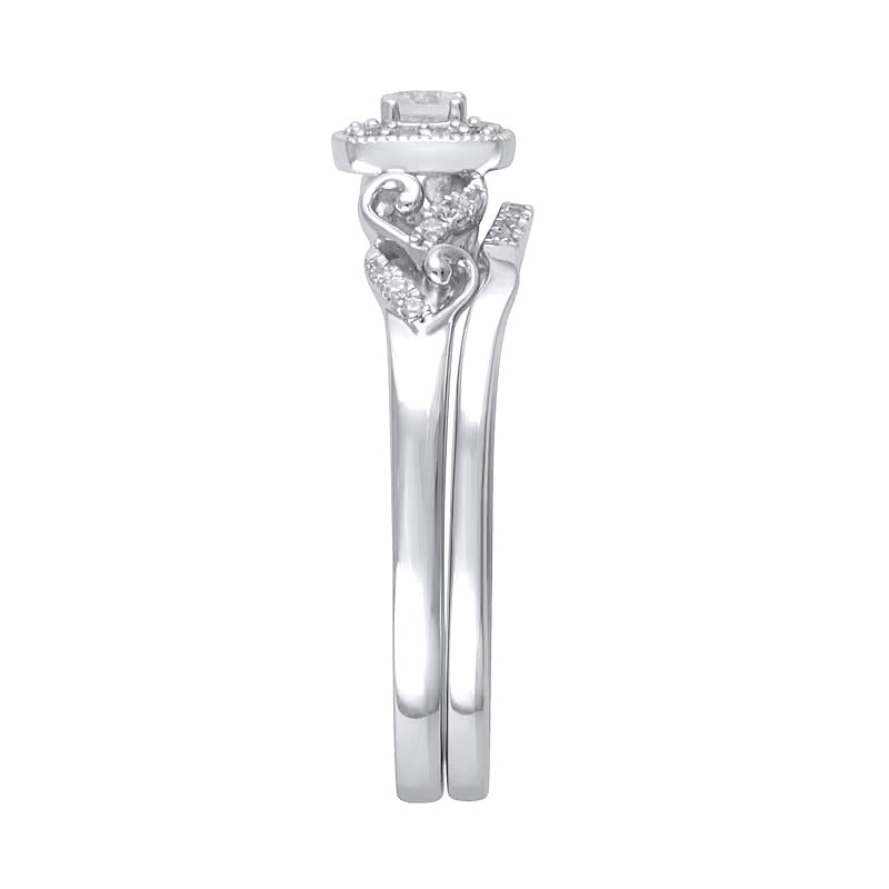 0.25 ct. Gesamtgewicht Diamant Braut-Set im Vintage-Stil mit Kissenschliff-Rahmen und Herz-Seiten aus rhodiniertem Sterlingsilber