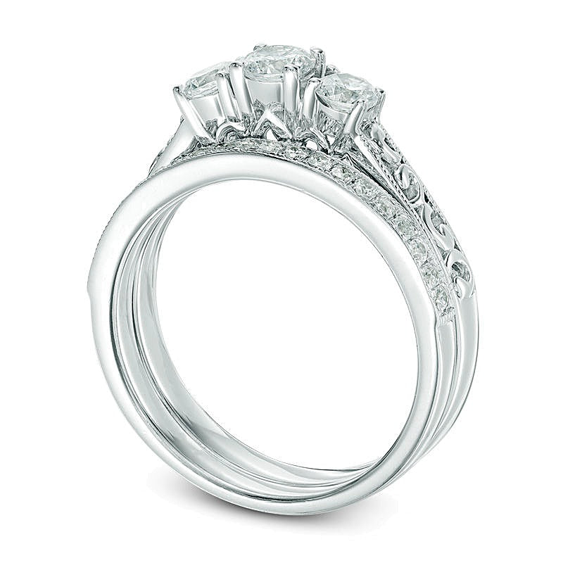 0.75 ct. Gesamtgewicht Diamant Dreistein Braut-Set im Vintage-Stil in 10K Weißgold