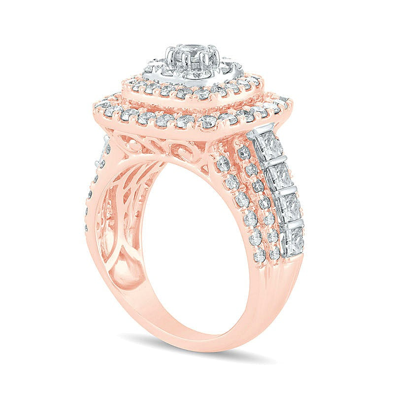 3.0 ct. Gesamtgewicht Diamant Verlobungsring mit Halo, mehrreihig, rund/Princess/Kissenschliff, in 10K Roségold