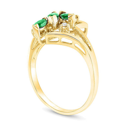 Dreistein-Bypass-Ring mit Marquise-Smaragd und Diamant-Besatz in 14K Gelbgold
