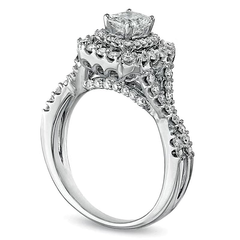 Verlobungsring im Halo-Stil mit Diamanten im Radiant- und Rundschliff, 1.25 ct. Gesamtgewicht, in 14K Weißgold (I/I1)
