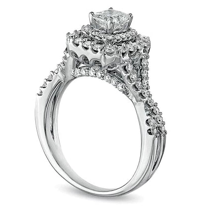 Verlobungsring im Halo-Stil mit Diamanten im Radiant- und Rundschliff, 1.25 ct. Gesamtgewicht, in 14K Weißgold (I/I1)