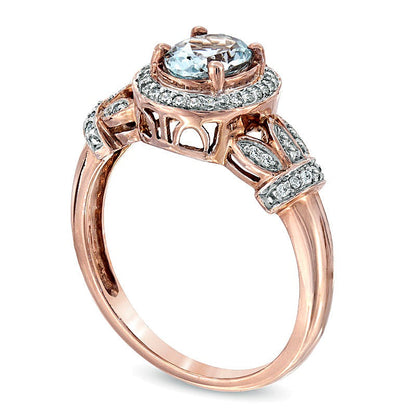Halo-Ring mit ovalem Aquamarin und Diamanten 0,17 ct. Gesamtgewicht in 10K Roségold