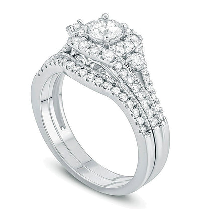 1.0 ct. Gesamtgewicht Diamant Brautset mit Kissenschliff-Rahmen im Vintage-Stil in 10K Weißgold