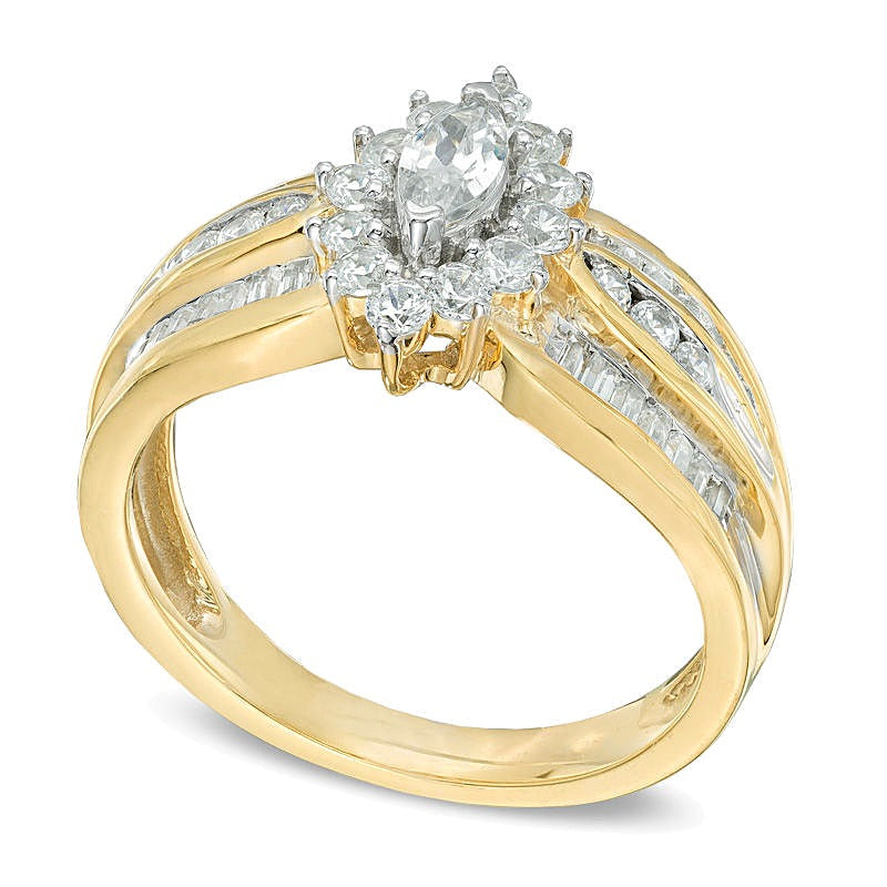Verlobungsring mit weißen Diamanten im Marquise-Schliff, Halo, 1.0 ct. Gesamtgewicht, 10K Gelbgold