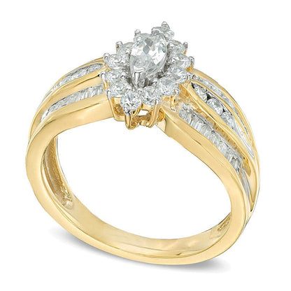 Verlobungsring mit weißen Diamanten im Marquise-Schliff, Halo, 1.0 ct. Gesamtgewicht, 10K Gelbgold