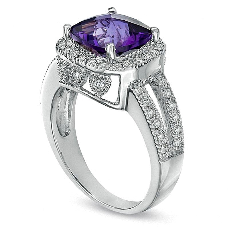 Halo-Ring mit Amethyst im Kissenschliff und Diamanten 0,5 ct. Gesamtgewicht in 14K Weißgold