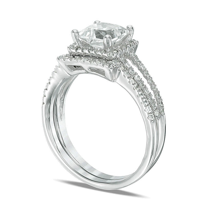 Braut-Set mit weißem Saphir im Princess-Schliff 6,0mm (Labor) und Diamanten 0,25 ct. Gesamtgewicht in 10K Weißgold