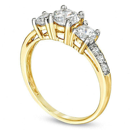 Dreistein-Ring mit weißen Labor-Saphiren im Rundschliff in 10K Gelbgold