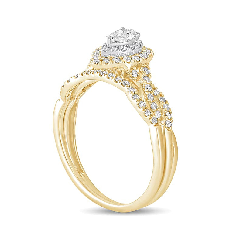 0.5 ct. Gesamtgewicht Braut-Set mit tropfenförmigen Diamanten, mehrreihig, doppelter Halo, in 10K Gelbgold