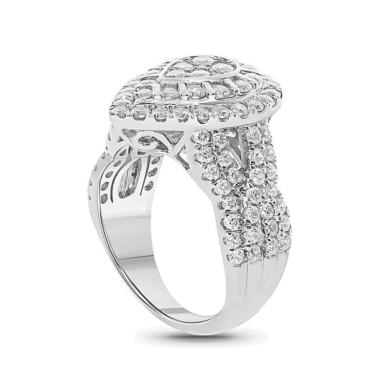 2.0 ct. Gesamtgewicht Komposit-Diamant Verlobungsring mit tropfenförmigem Rahmen und mehrreihiger Ringschiene in 10K Weißgold