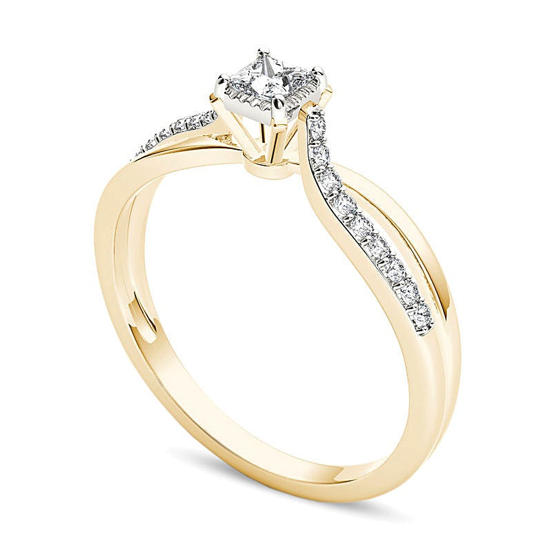 0.25 ct. Gesamtgewicht Solitär mit seitlichem Besatz mit Diamanten im Princess- und Rundschliff in 14K Gelbgold