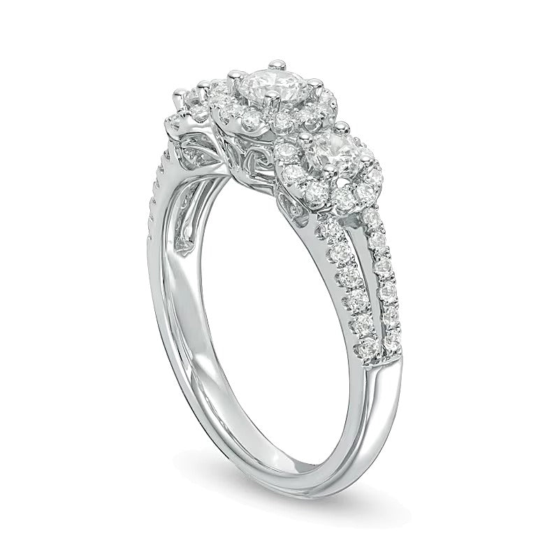 1.0 ct. Gesamtgewicht Dreistein-Verlobungsring mit runden weißen Diamanten in 14K Weißgold für Damen