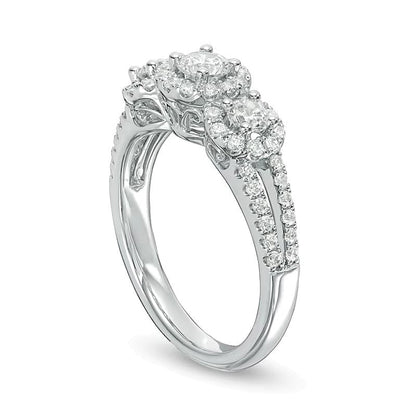 1.0 ct. Gesamtgewicht Dreistein-Verlobungsring mit runden weißen Diamanten in 14K Weißgold für Damen