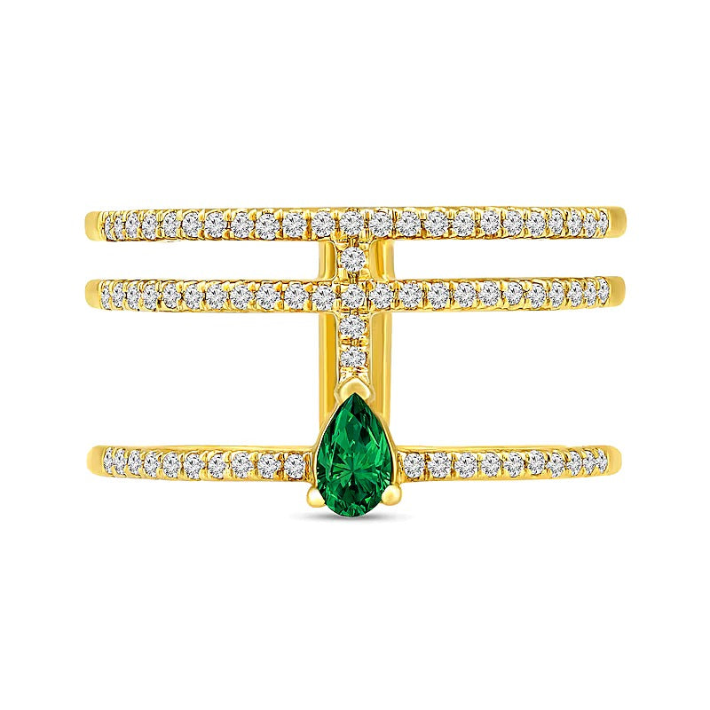Fashion-Ring mit tropfenförmigem Smaragd und 0,25 ct. Gesamtgewicht Diamanten, mehrreihig, in 10K Gelbgold
